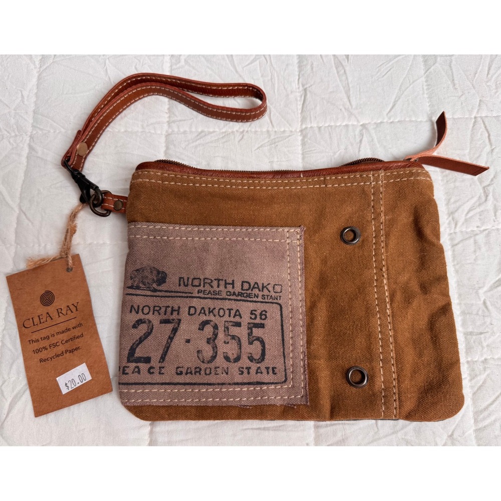 North Dakota Repurposed Canvas Wristlet Pouch Brown New Americana